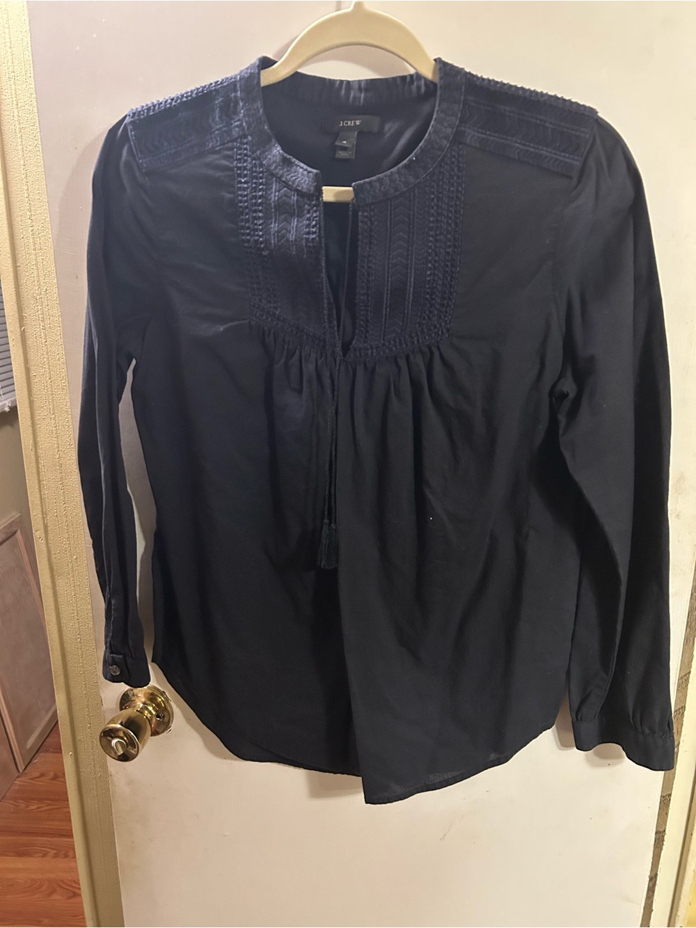 J. Crew Black Pintuck Peasant Top